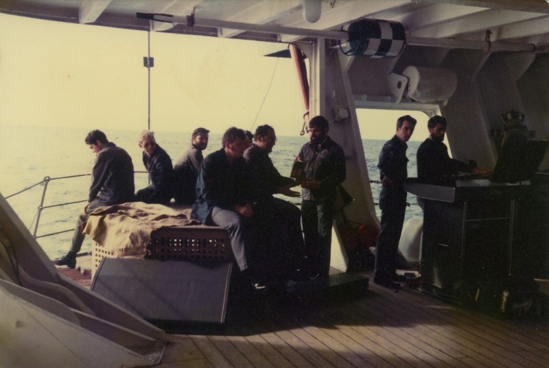 L to R Demerol, Reynolds, Gallagher, Henshaw, Stucas, McCallum, Anderson & Wright on the Quarterdeck HMAS Melbourne 1979 New Zealand trip.